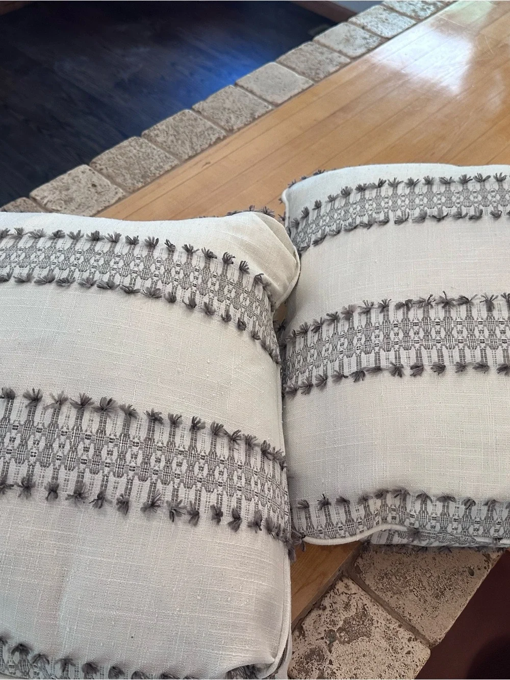 Neutral Ivory Toss Pillow with Textured Gray Embroidery - Unbranded 17”